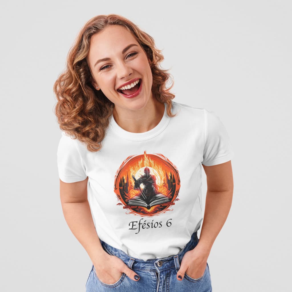 Camiseta Feminina Cristã Leve Algodão Estampada Efésios 6 Fé