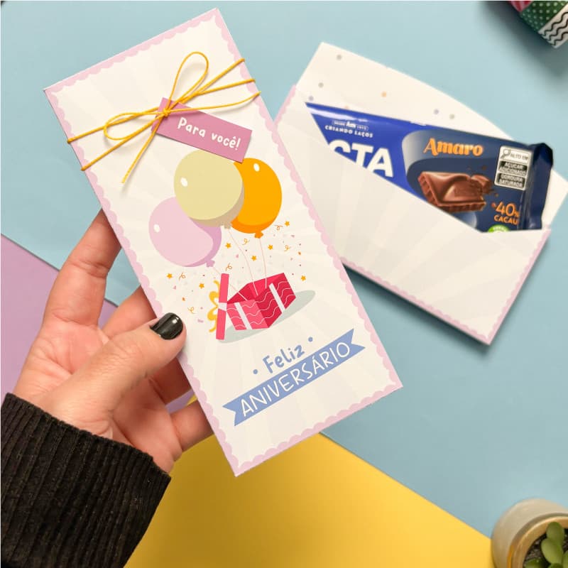 10/20 PORTA BARRA DE CHOCOLATE FELIZ ANIVERSÁRIO - CAIXA PARA BARRA DE CHOCOLATE ANIVERSÁRIO