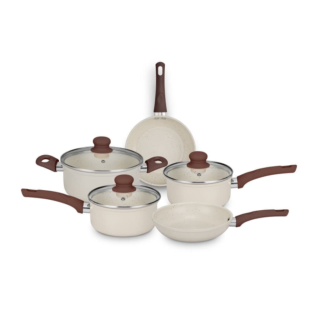 CONJUNTO DE PANELAS 5 PECAS SERENA VANILLA COM TAMPA DE VIDRO E REVESTIMENTO ANTIADERENTE CERAMICO