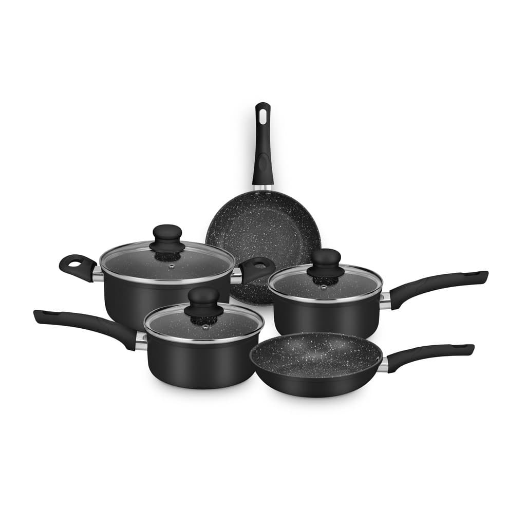 CONJUNTO DE PANELAS 5 PECAS SERENA PRETO COM TAMPA DE VIDRO E REVESTIMENTO ANTIADERENTE CERAMICO
