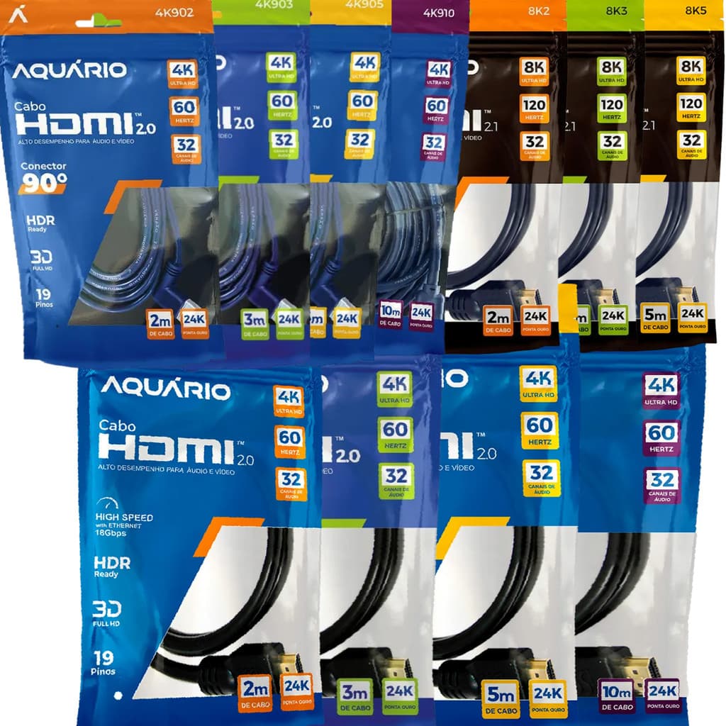 Cabo HDMI 2.0 4K E 2.1 8K Aquário Gold Blindado 2m 5m 10m Alta Velocidade
