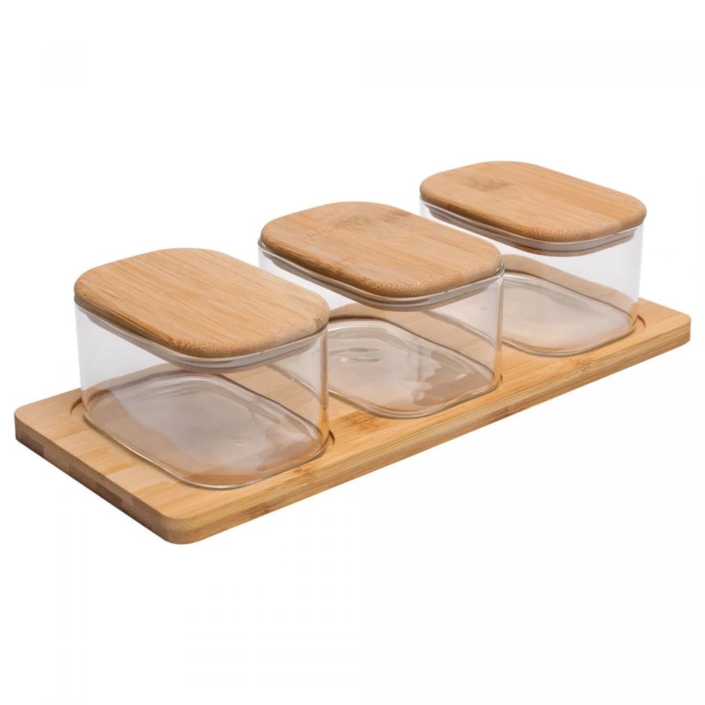 Conjunto 3 Potes com Tampa e Bandeja de Bambu Vidro Borossilicato 400 ml - SRA
