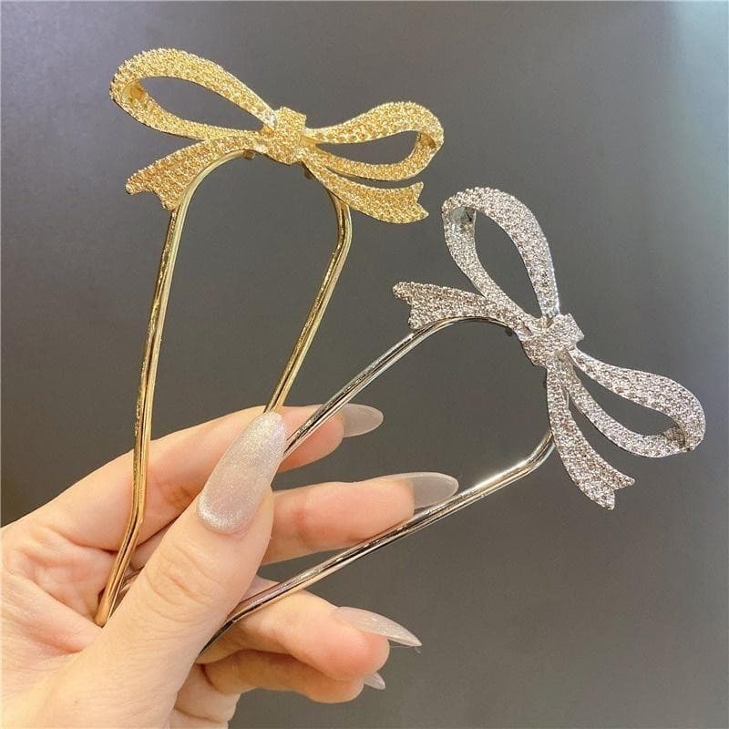 Mulheres Elegantes Bowknot U Forma Strass Grampos De Cabelo Metal Varas Grampo Nupcial Casamento Banquete Acessórios Par