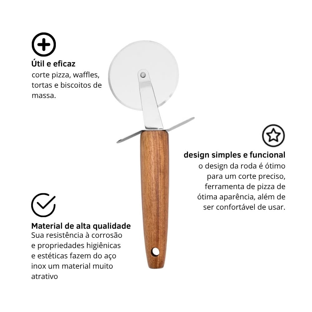 Cortador de Pizza Fatiador de Pizza Profissional Aço Inox Cabo de Madeira