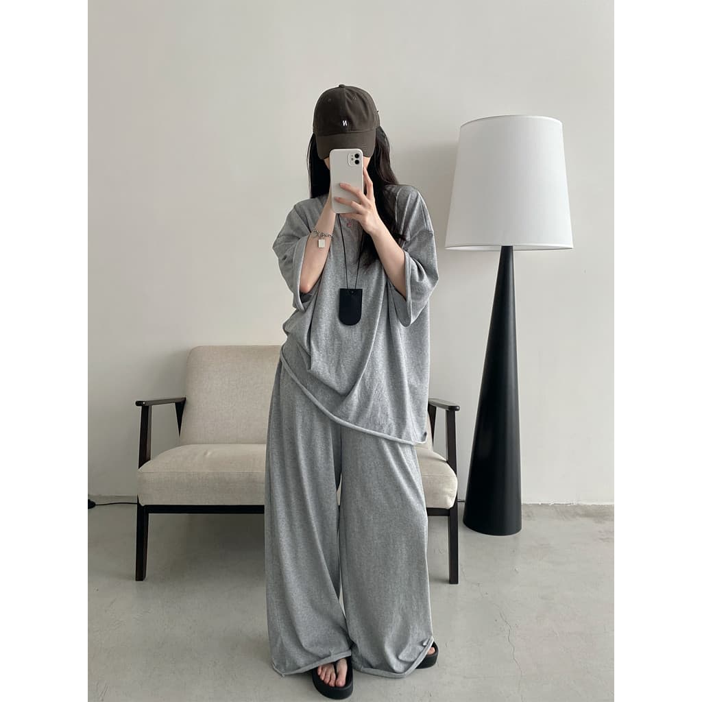 Sun Pomelo Curling Edge Simples Grande Camiseta Solta Calças de Perna Larga Terno de Duas Peças Feminino Verão Estilo Bá