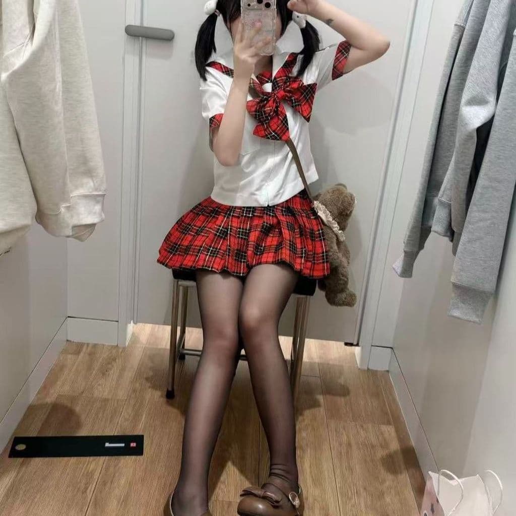 Novo estilo JK uniforme terno estudante material escolar camisa de manga curta terno de marinheiro terno médio vermelho