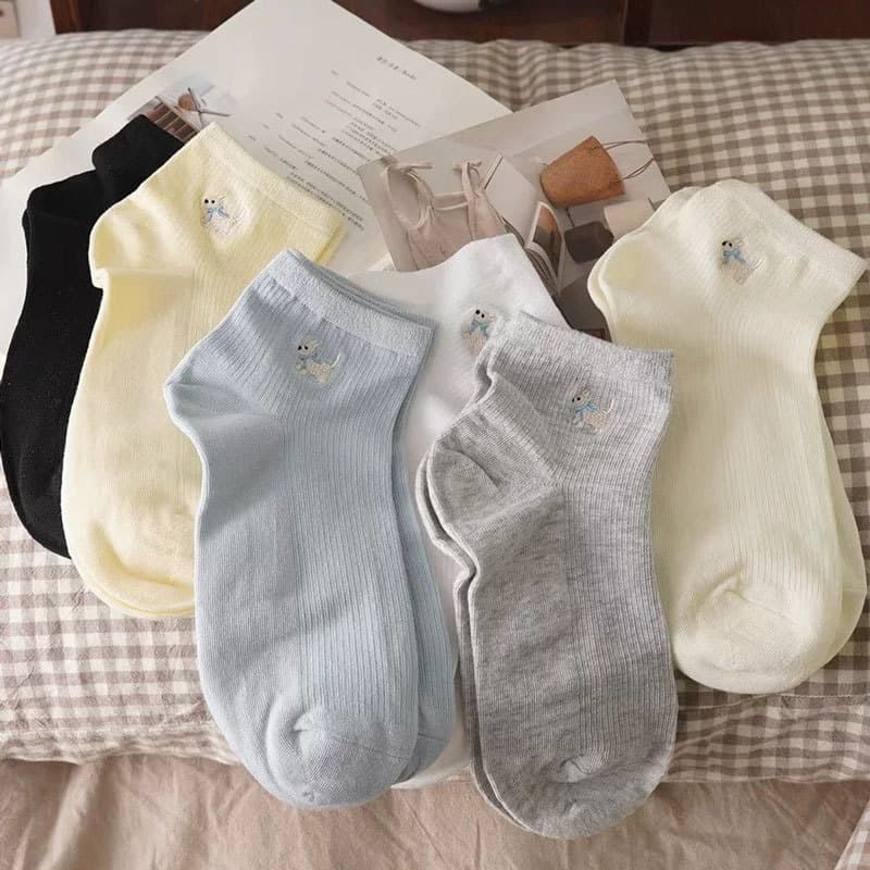 Meias Curtas de Algodão Respirável para Mulheres, Estilo Japonês, Versáteis, com Bordado de Cachorrinho Fofo, Cor Sólida