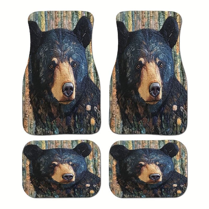 Conjunto de 4 peças de tapete para pés de carro com padrão de urso selvagem, tapete antiderrapante, espaço interno decor