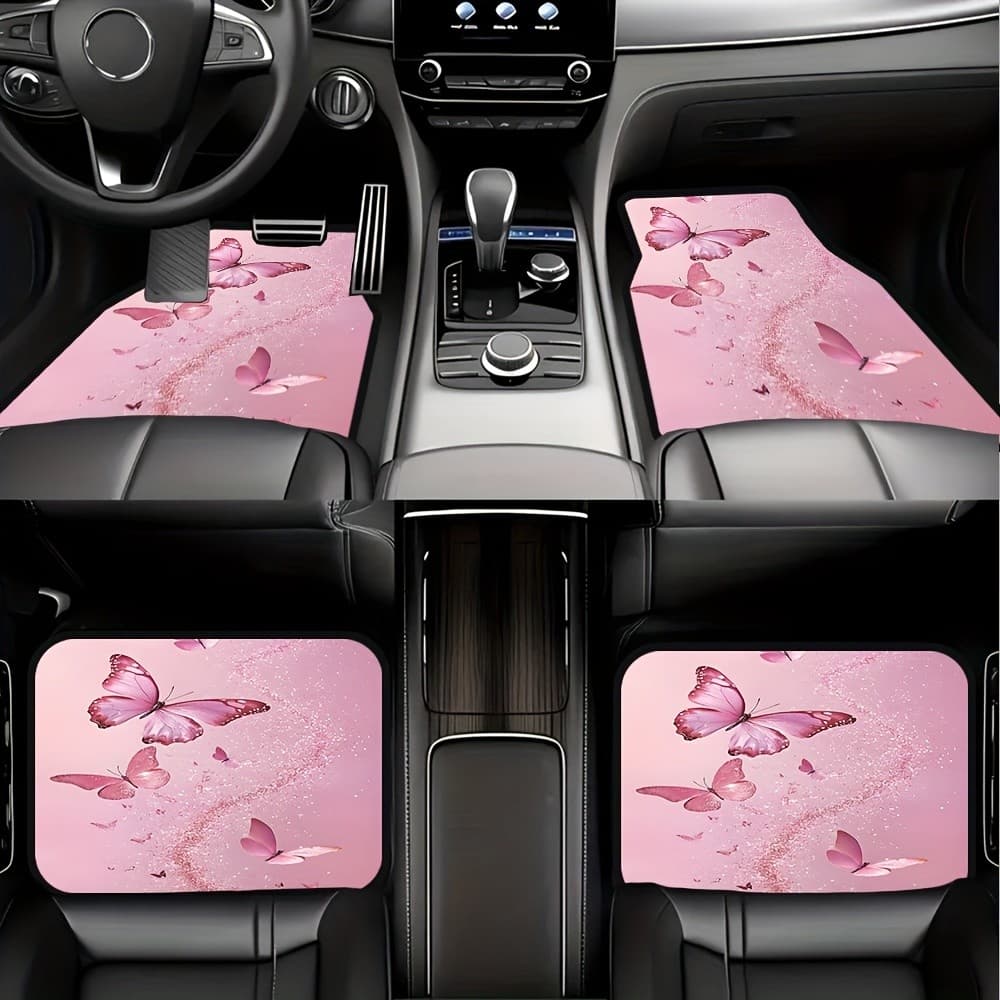 4 unidades de tapetes de pés de carro piscantes de borboleta rosa, almofadas de assento traseiro dianteiro antiderrapant
