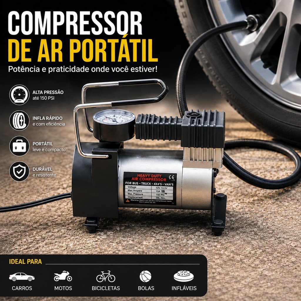 Compressor Portátil 12V Automotivo Inflador Elétrico Compacto para Carro, Moto, Bicicleta, Piscinas