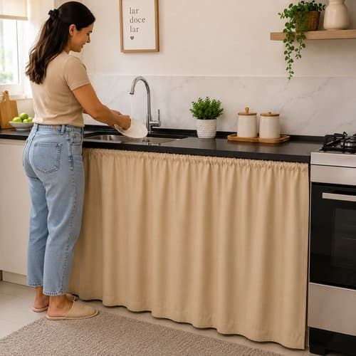 Cortina Cozinha Pia Bege Protecao Impermeavel Decorativa Ajustavel Oculta Acessorios