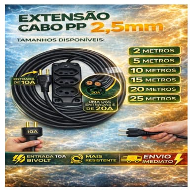 Extensão Cabo PP 2mt,5mt,10mt,15mt,20mt,25mt 20A 2x2.5mm 10A Para Ferramentas de Grande Potencia