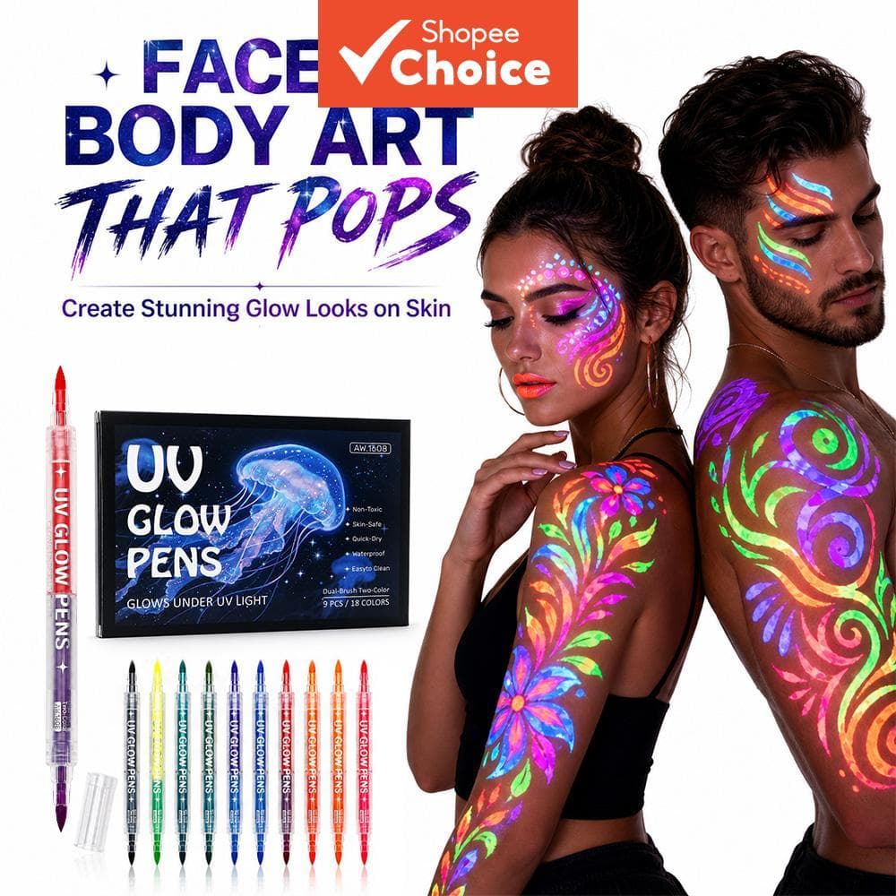 Caneta de pintura facial e corporal dupla e bicolor UV para festas, caneta de maquiagem colorida luminosa noturna,
