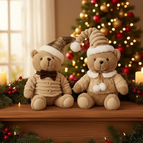 Urso Pelúcia Natalino Sentado Casal Marrom 44cm Decoração Luxo Natal