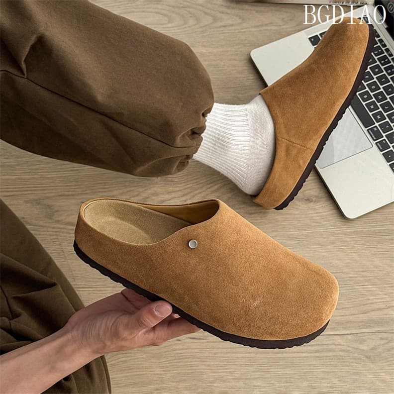 Couro genuíno toe-toe meia chinelos masculino de um Pedal preguiçoso Mules de sola macia Retro exterior Wear sapatos Bir