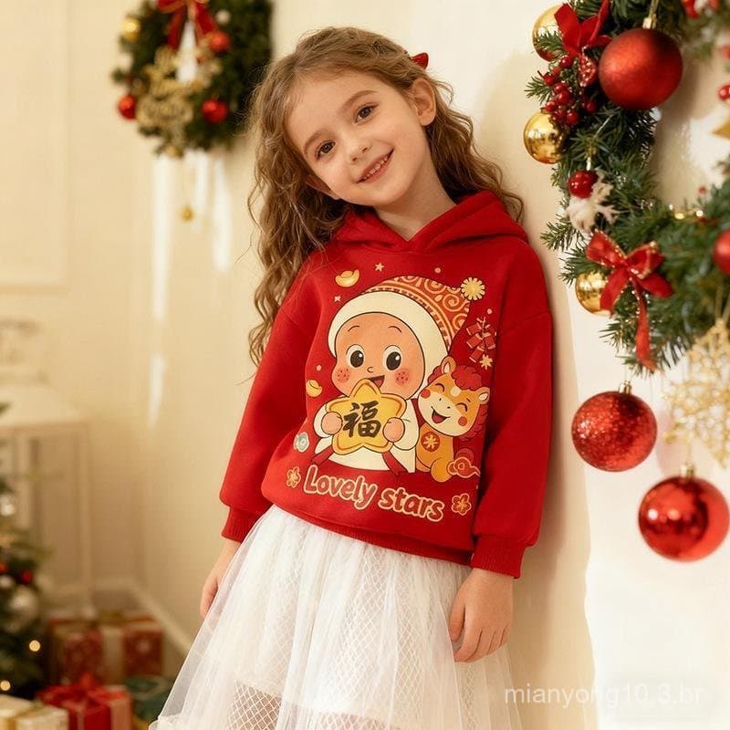 Cross-Border estilo europeu americano moletom estrela pessoas roupas infantis lã vermelha moletom com capuz natal dos de