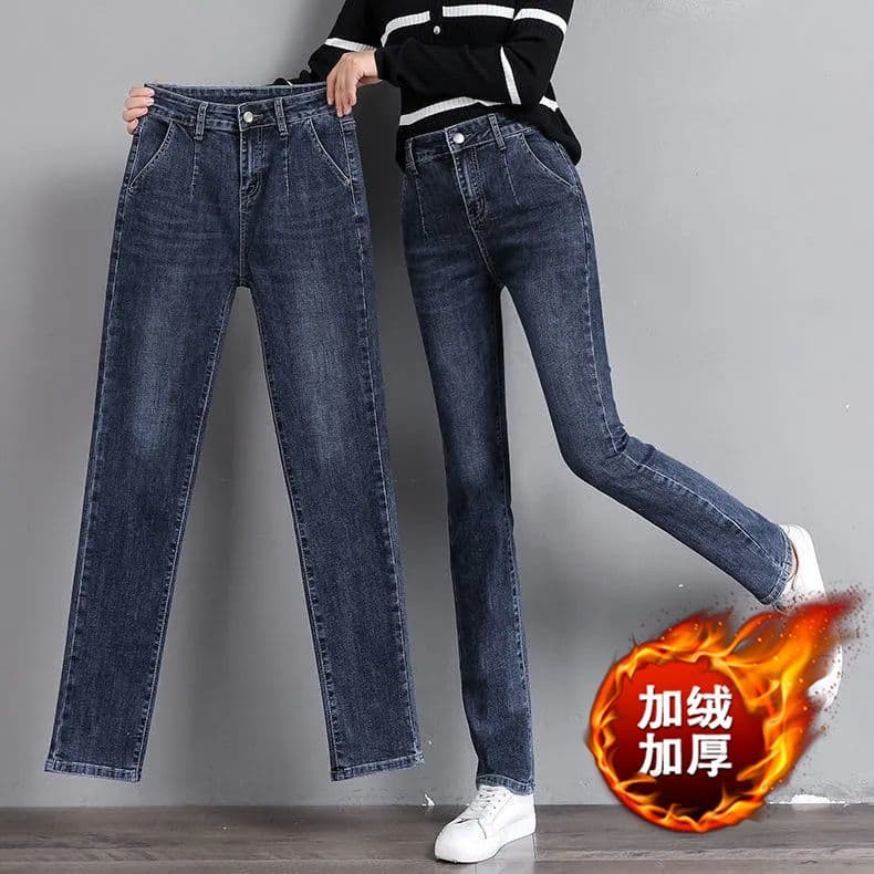 Forro de lã de tamanho grande engrossado outono inverno feminino Retro azul solto cintura alta mais magro olhar piso ret