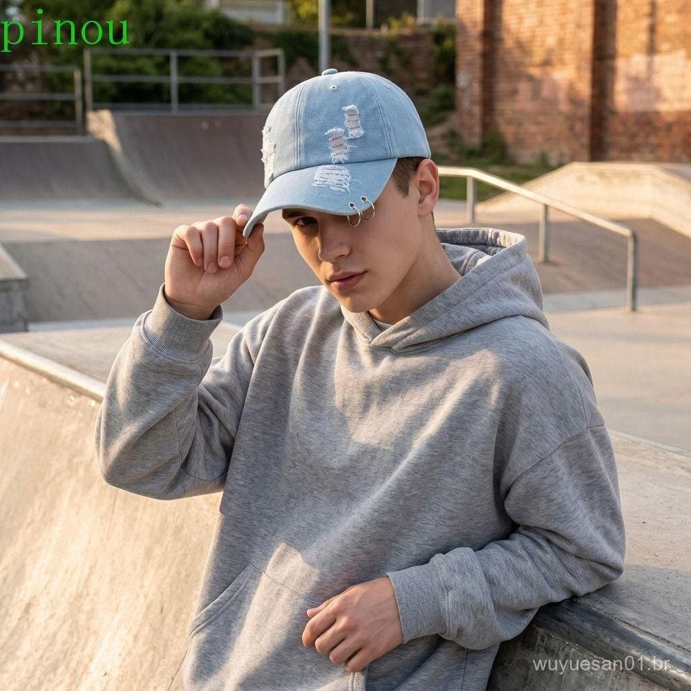 Chapéu De Beisebol Jeans Rasgado PINOU , Boné Criativo Com Anel De Ferro Hip Hop , Protetor Solar Moderno