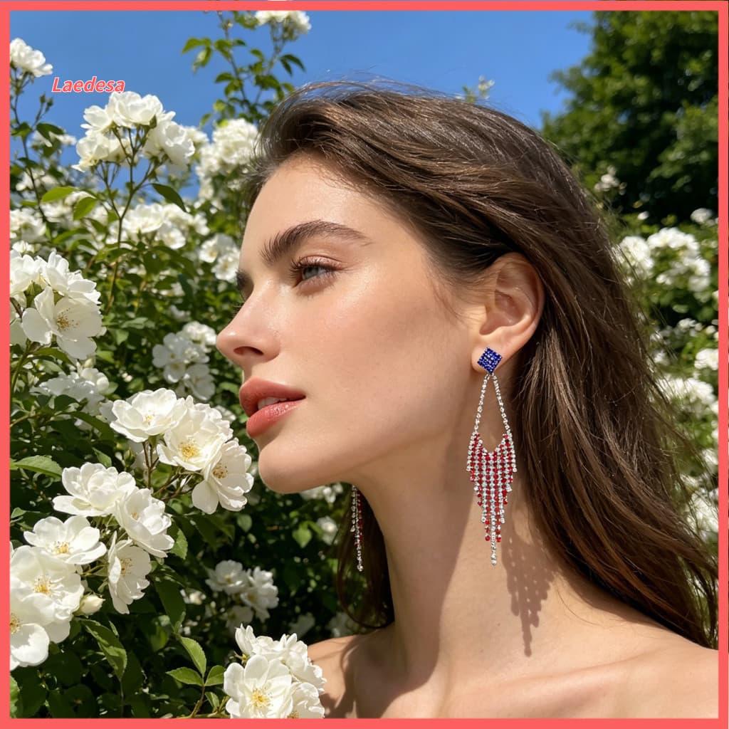 American Flag Earrings Tassel 1 Pair Usa Independence Day Drop Blue Rhinestone Sparkling Studs Theme for Women for Celeb