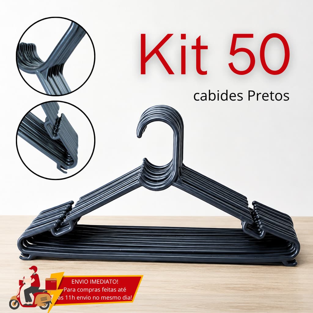 Kit 50 Cabides Adulto Preto Reforçado Direto do Fabricante