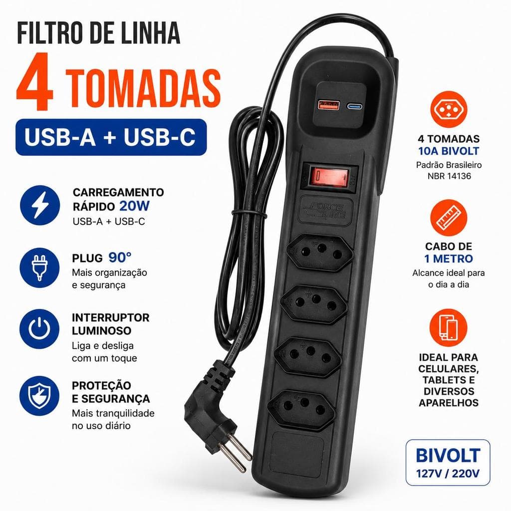 Filtro de Linha régua 4 Tomadas Bivolt USB Tipo C e A 20W 90 Graus 10 amperes protetor contra surtos