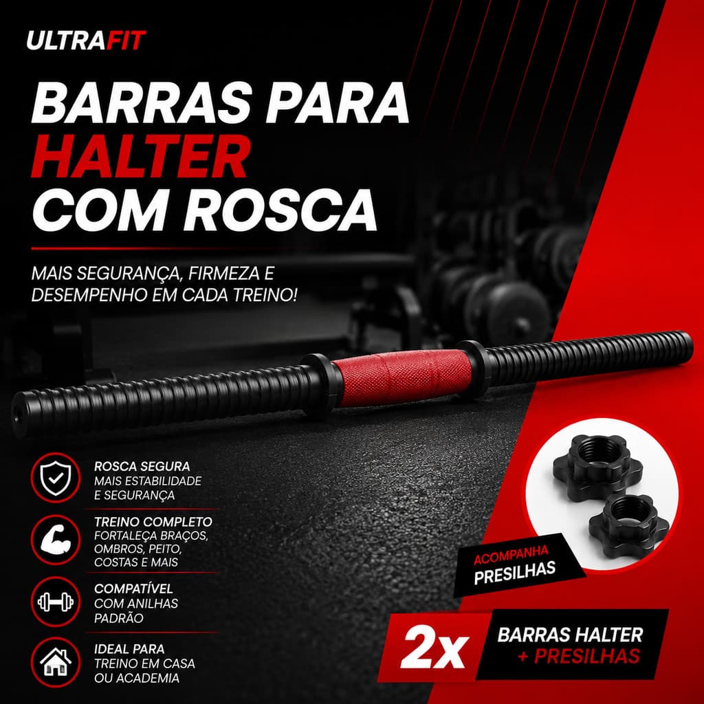 Par de Barras para Halter com Rosca e 4 Presilhas Ultrafit para Musculação Correspondente ao Kit até 15kg