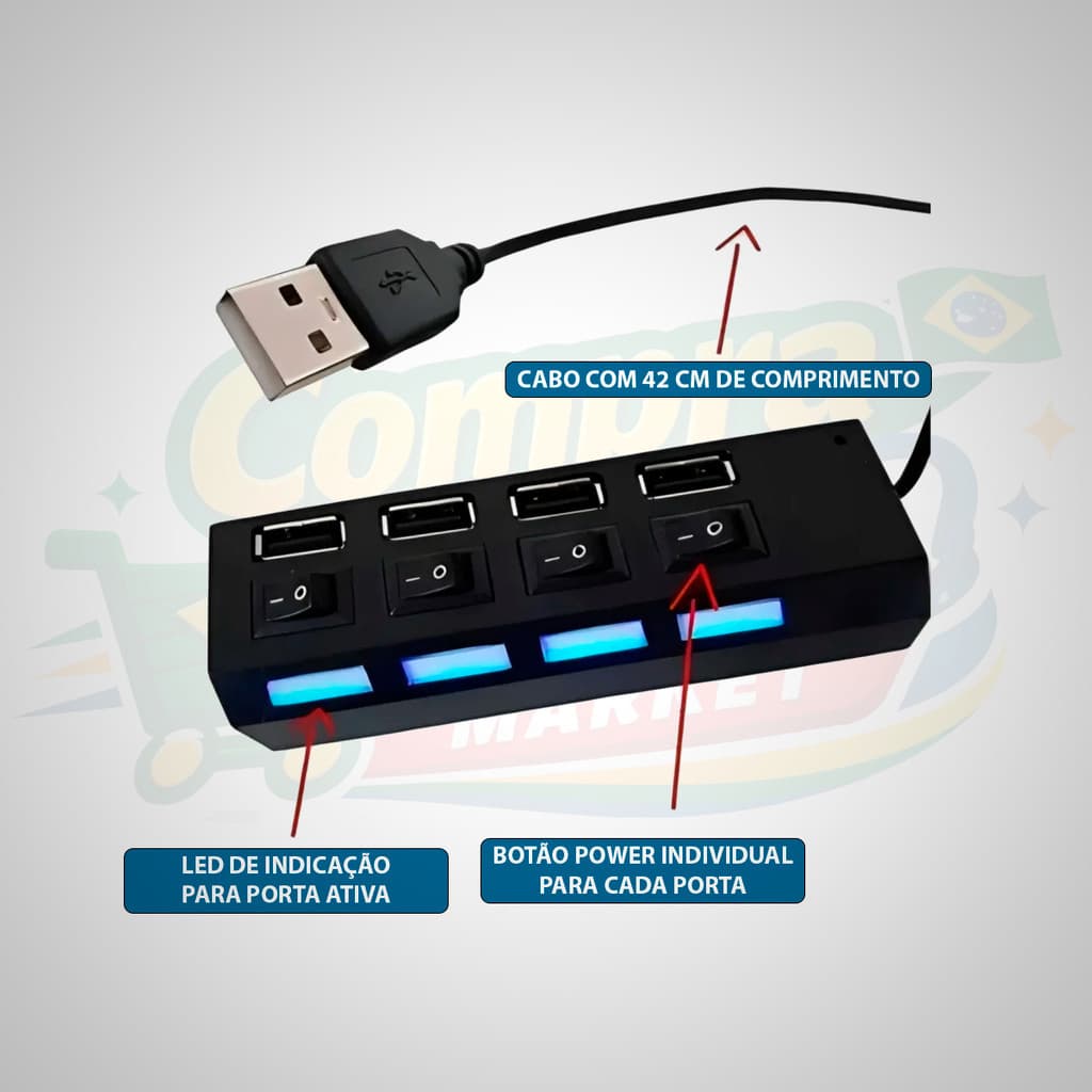 Hub Usb 2.0 4 Portas Todos os Dispositivos Expandir Conexão