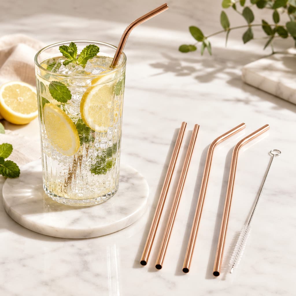 Canudo Inox Reutilizável 21cm Kit 5 Peças Rose Gold com Escova Limpadora para Copo Térmico