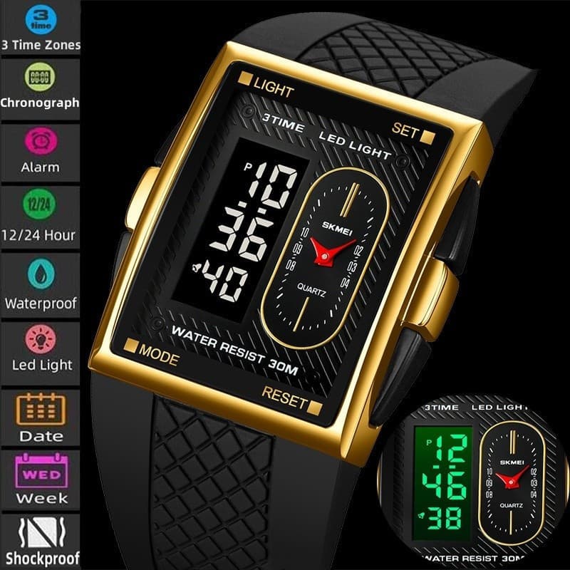 Relógio Esportivo Skmei com Três Zonas Horárias, Pulseira de TPU, Resistente à Água 3 Bar, Luz LED, Display Analógico T8