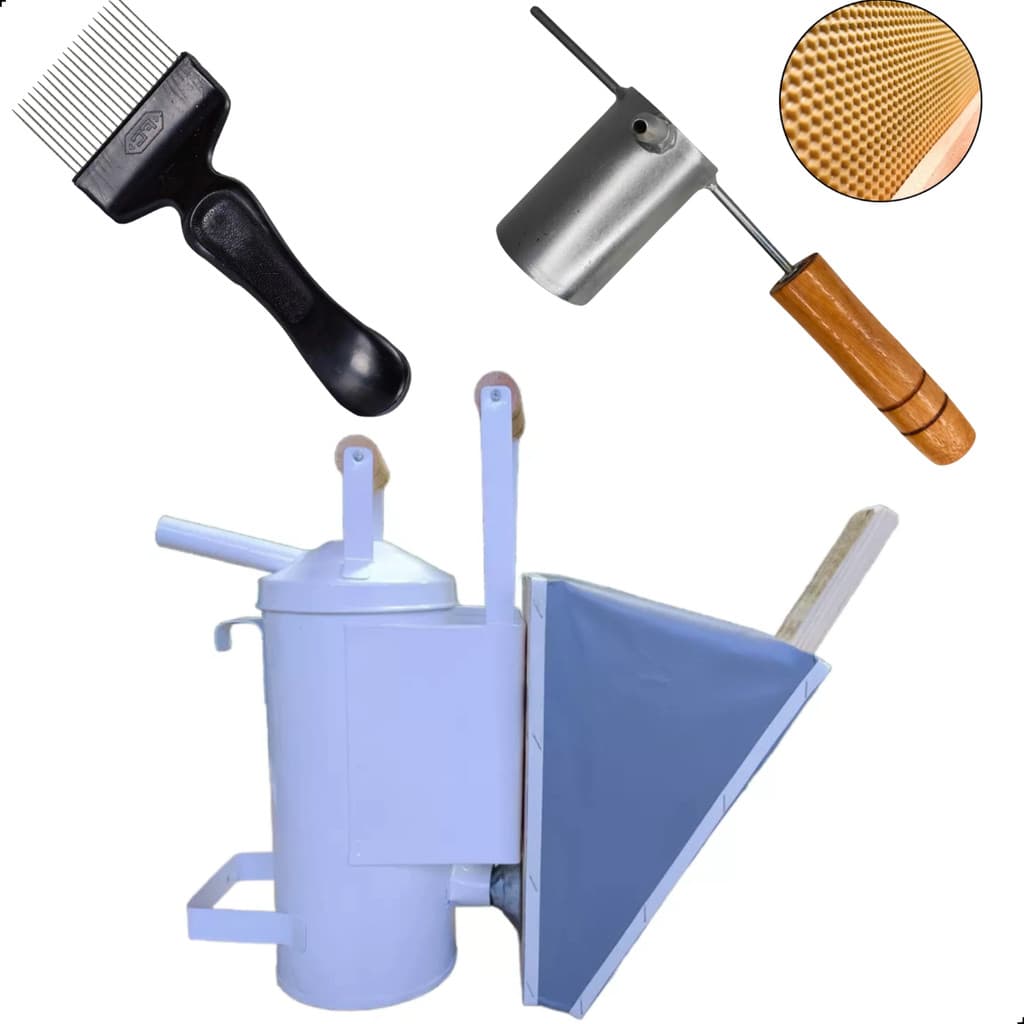 Fumigador Apicultura Grande Galvanizada Abelhas + Caneco para Derreter Cera + Garfo Desoperculador