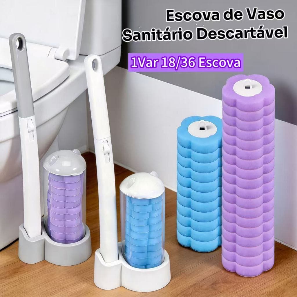 Escova Sanitária Descartável com Cabo Longo + 18/36 Refis, Kit Completo com Suporte, Higiênico e Prático para Limpeza CZ