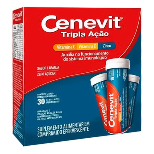 Cenevit Vitamina C Efervecente Tripla Ação Sabor Laranja 30 Comprimidos