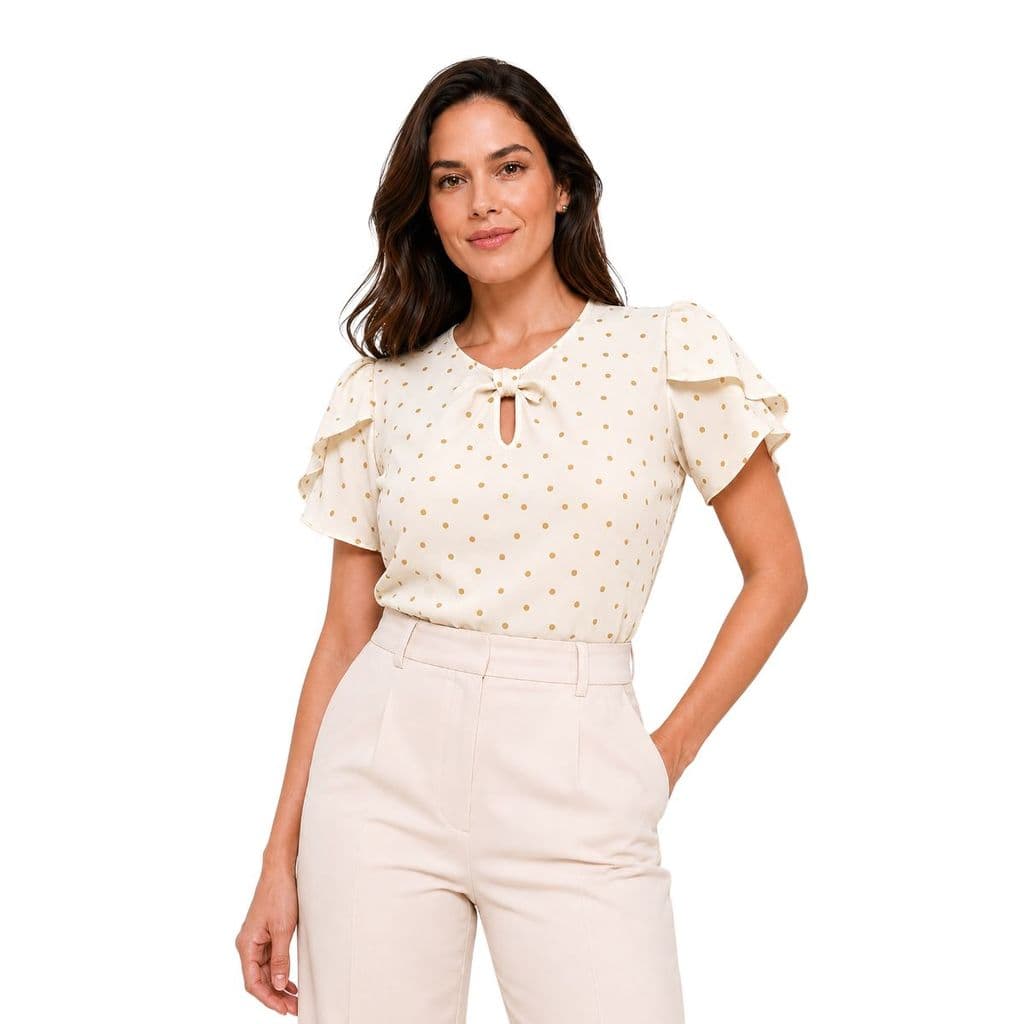 Blusa Mid Size Feminina Crepinho com Elastano Estampa Abstrata Manga Curta Decote Vazado