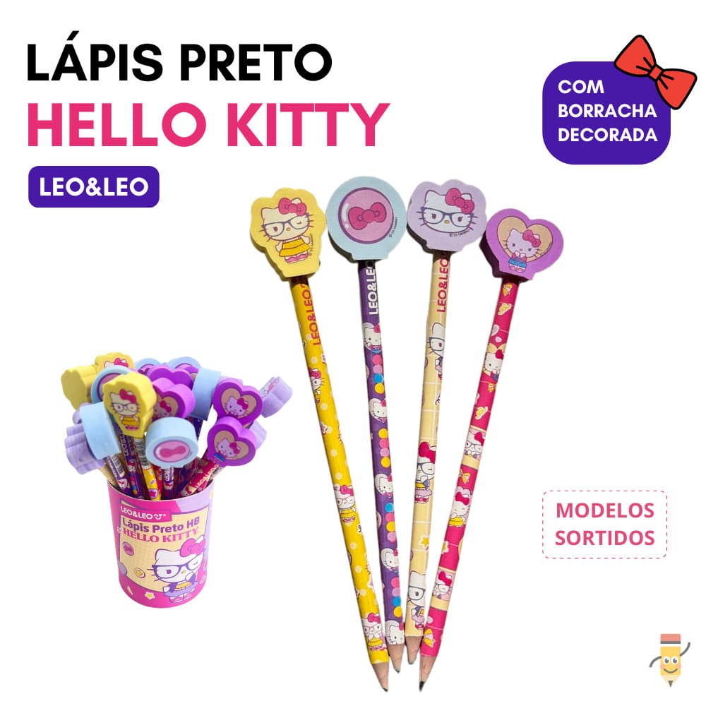 Lápis Preto Decorado Hello Kitty com Borracha Leonora Kit 2 e 4 Unidades