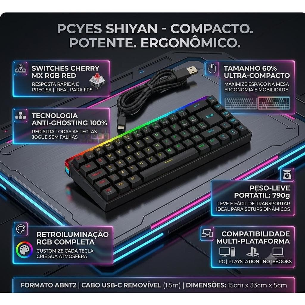 Teclado Mecânico Gamer Pcyes Shiyan Vulcan RGB ABNT2 Led Rainbow USB Anti Ghosting Preto - Switch Red