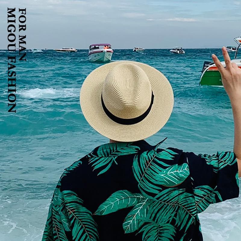 Chapéu de palha masculino verão na moda férias ao ar livre praia protetor solar de aba larga chapéu de sol masculino cha