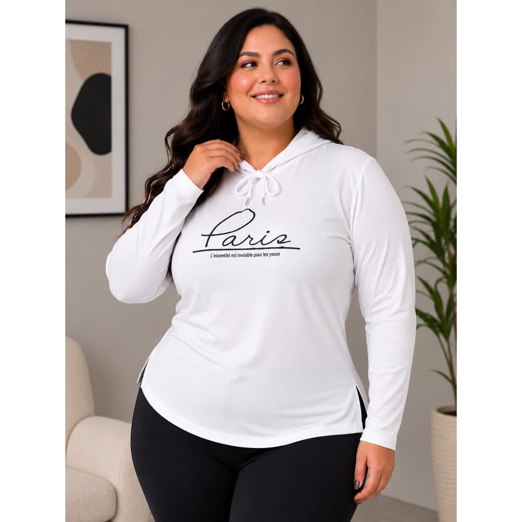 Blusa Feminina Plus Size com Capuz e Estampa Paris