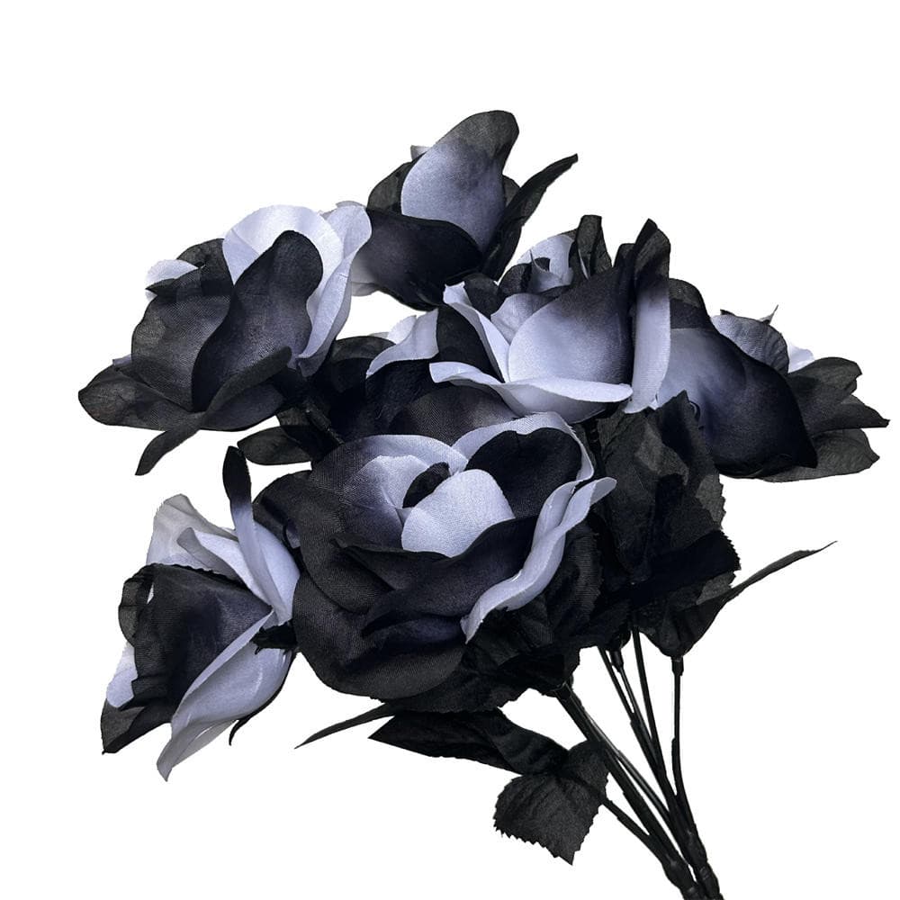 1 Peça De Flores Artificiais De Rosas Pretas E Brancas Com Hastes , De Seda Falsa Buquê De Casamento Gótico De Noiva , F
