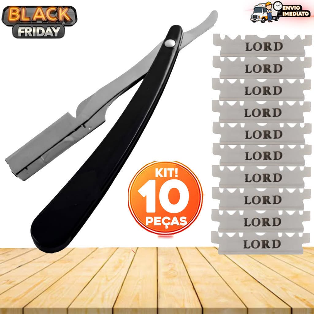 Kit Navalhete + 10 Lâminas Lord Dobrável Para Barbear Profissional - Acabamentos de Precisão para Barbearia