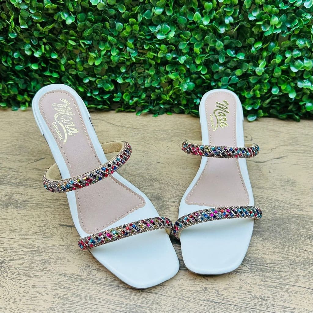 Tamanco Feminino Sandalia Saltinho Strass Medio Confortável