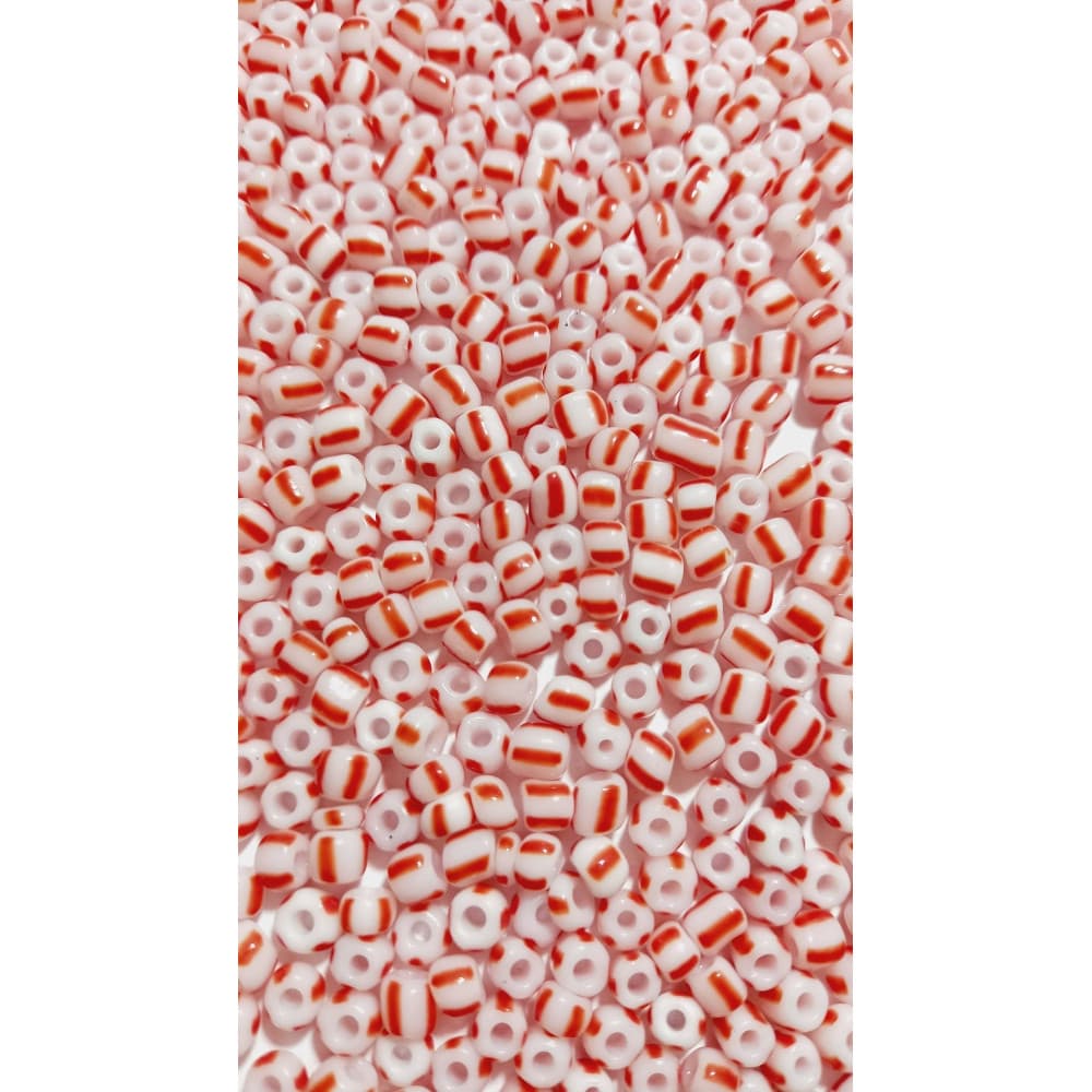 Miçanga Rajada Branco E Vermelho 6mm Pacote Com 500 Gramas