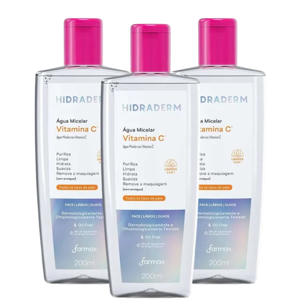 Água Micelar Hidraderm 5 em 1 com Vitamina C 200ml | Farmax | Limpeza, Hidratação e Revitalização Facial