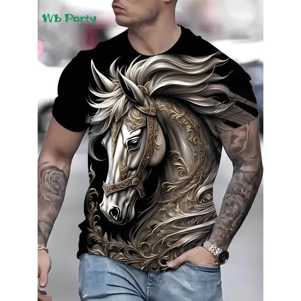 Novo Cavalo T-Shirts Para Homens Verão Ao Ar Livre Manga Curta Impressão Animal Respirável Roupas Masculinas Moda Em Tor