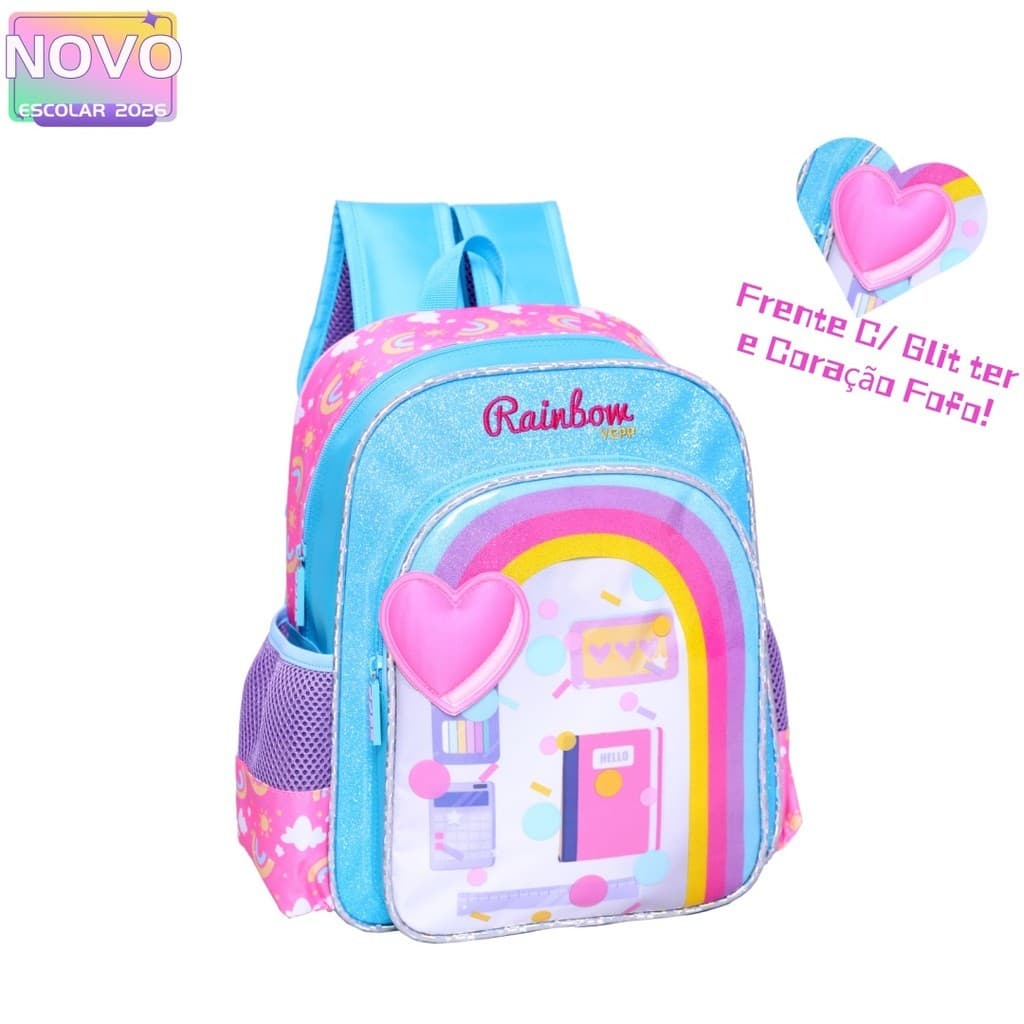 Mochila De Costas Com Glitter e Coração Fofo Arco-íris Infantil Escolar 2026