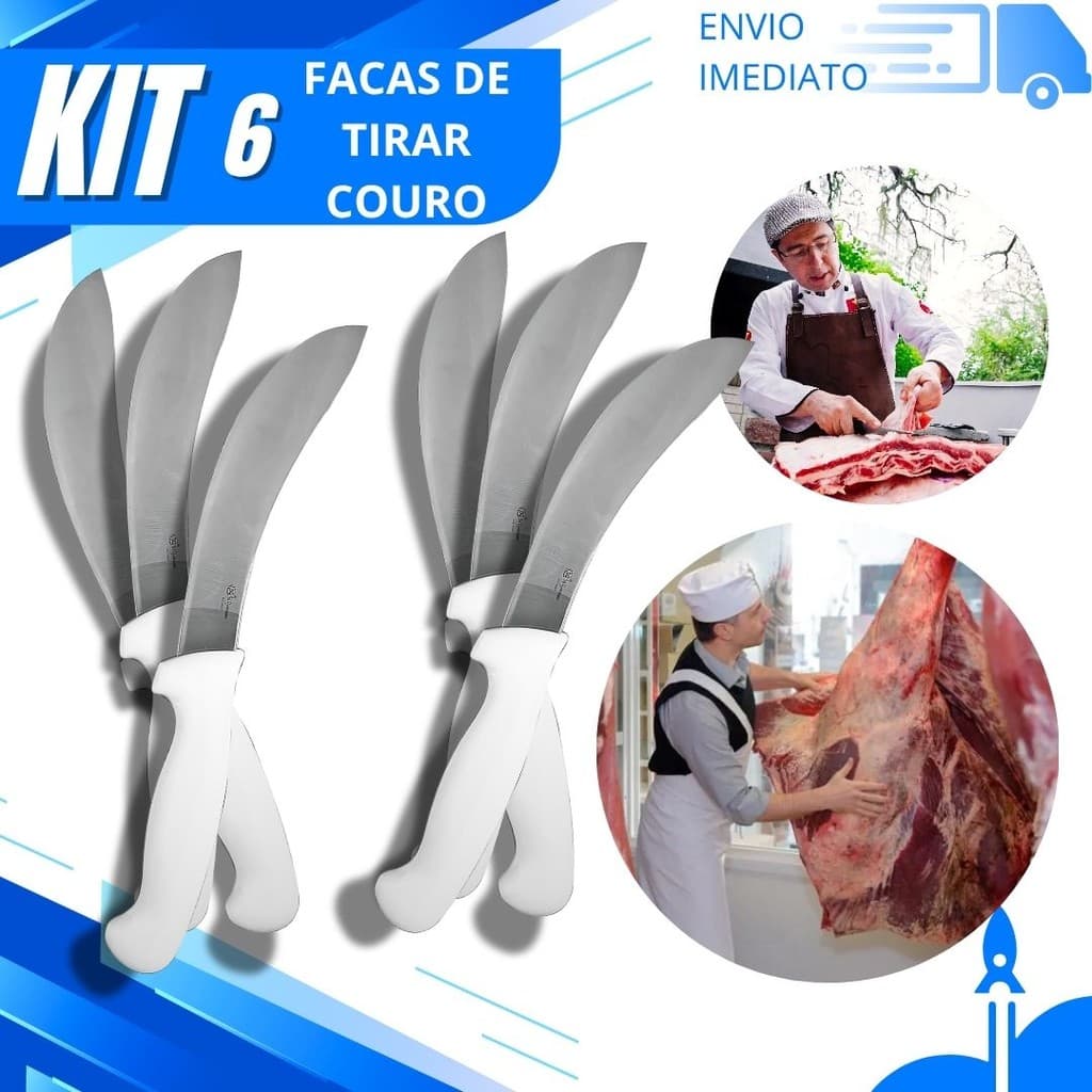 Kit 6,3 ou 2 Faca Profissional de Açougue Lâmina Curva Aço Inox Cabo Branco Alta Precisão