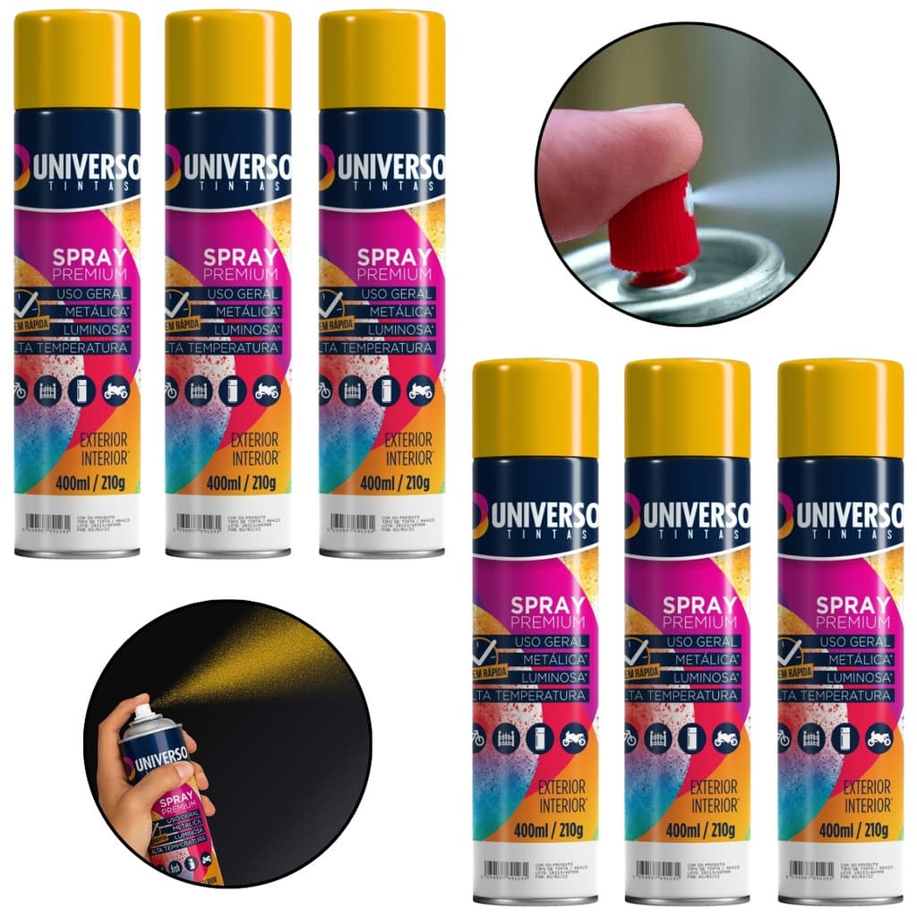 Kit 6 Tintas Spray 400ml Amarelo Uso Geral Universo Tinta para Pintura de Aço Ferro Couro Gesso e Cerâmica Obra
