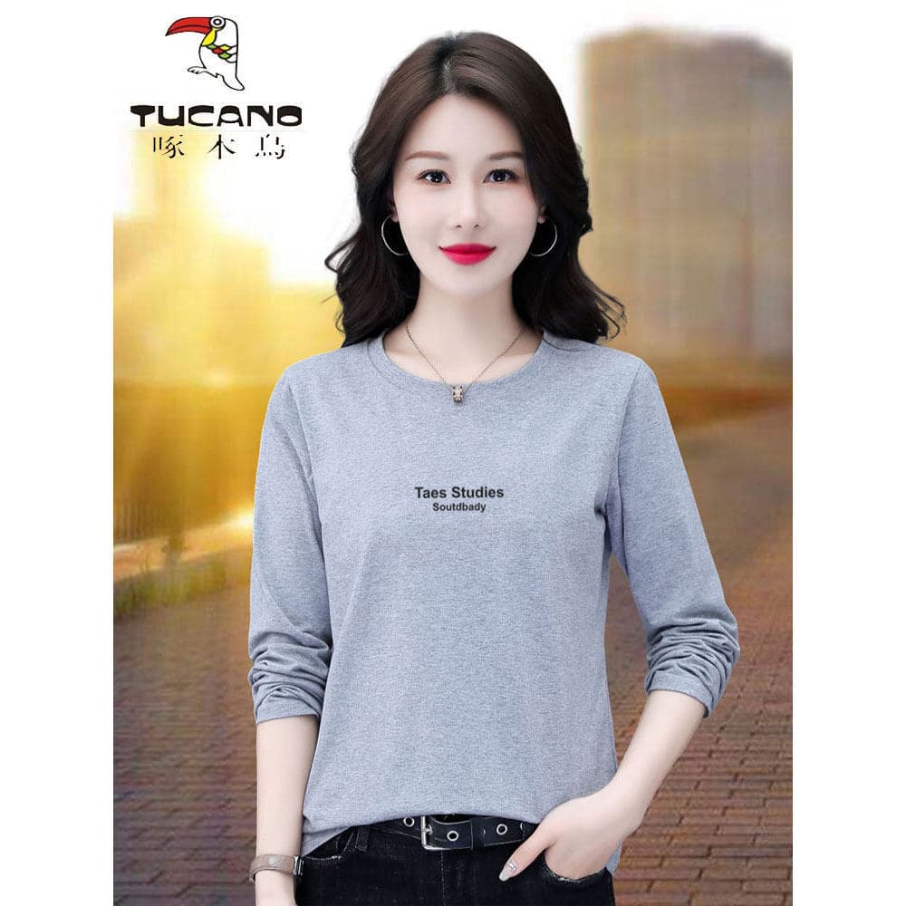 Woodpecker puro algodão de manga comprida camiseta feminina primavera outono meia-idade mãe contador marca Casual camisa