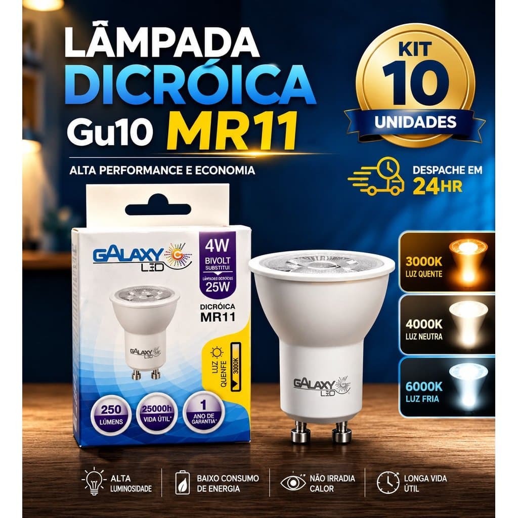 Kit 10 / 5 Lâmpada Led Mini Dicroica Gu10 Mr11 4W Bivolt Luz Branca 6500K / Luz Amarela 2700K / Luz Neutra 4000K Pequena
