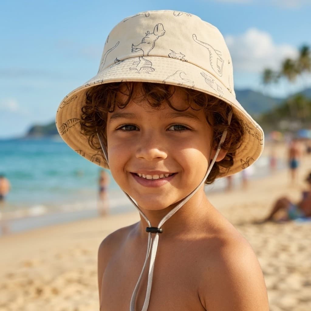 Chapéu Bucket crianças Menino Estampa Dinossauro Proteção UV Solar Praia Piscina Com Regulagem Fita Interna