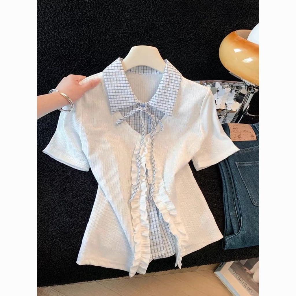 Falso Duas Peças Rendas Xadrez Lapela De Manga Curta s De Camisa Feminina Novo Design Nicho Fino Topo Na Moda Txt061501t